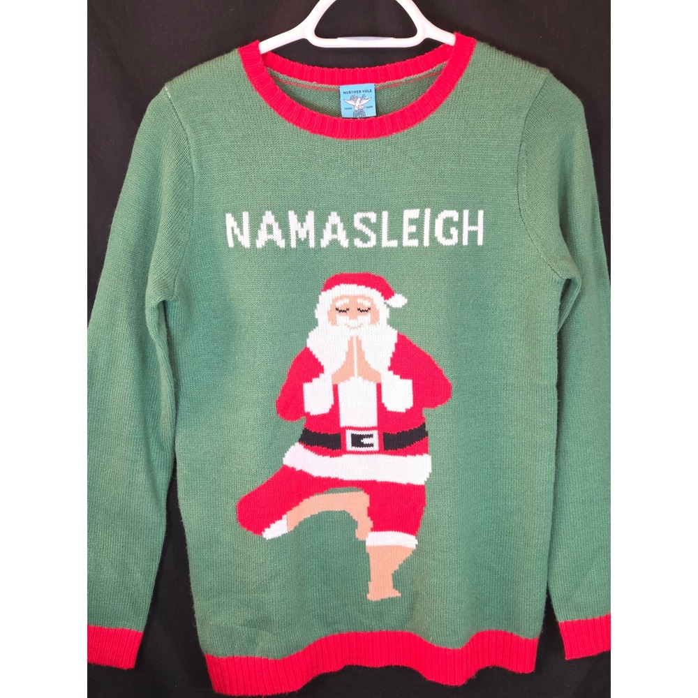 Norther Pole Womens Green Namasleigh Yoga Santa Ugly‎ Christmas Sweater Size S